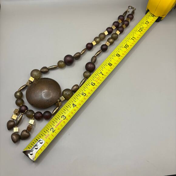VTG Necklace Beaded Costume Statement Chunky Earthy Gold Tone Hearts Boho - Picture 5 of 7